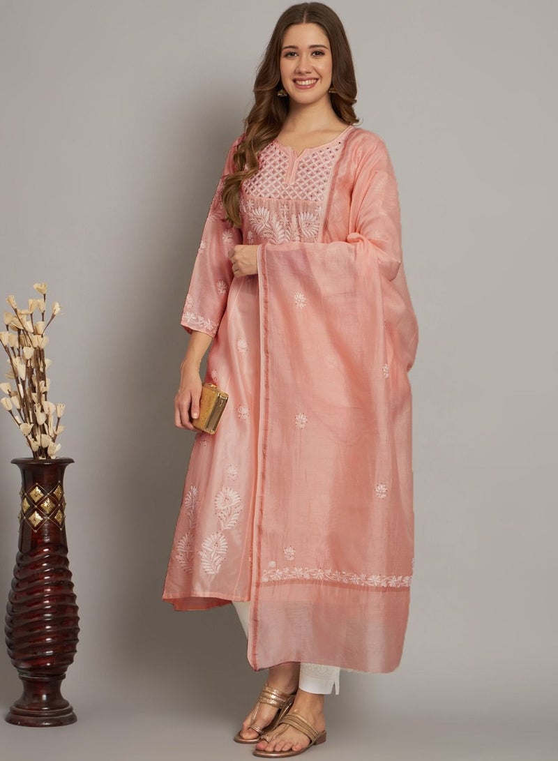 Hand embroidered Chikankari Chanderi Cotton Kurta Set and Dupatta with Mukaish-AL3665KS