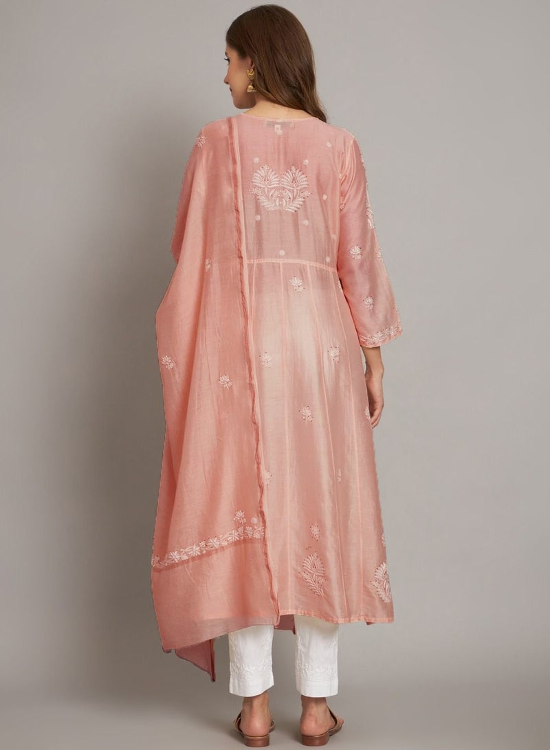 Hand embroidered Chikankari Chanderi Cotton Kurta Set and Dupatta with Mukaish-AL3665KS