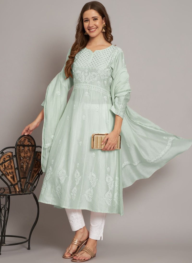 Hand embroidered Chikankari Chanderi Cotton Kurta Set and Dupatta with Mukaish-AL3665KS