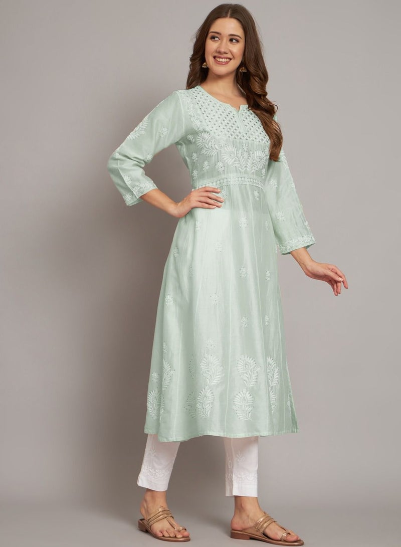 Hand embroidered Chikankari Chanderi Cotton Kurta Set and Dupatta with Mukaish-AL3665KS