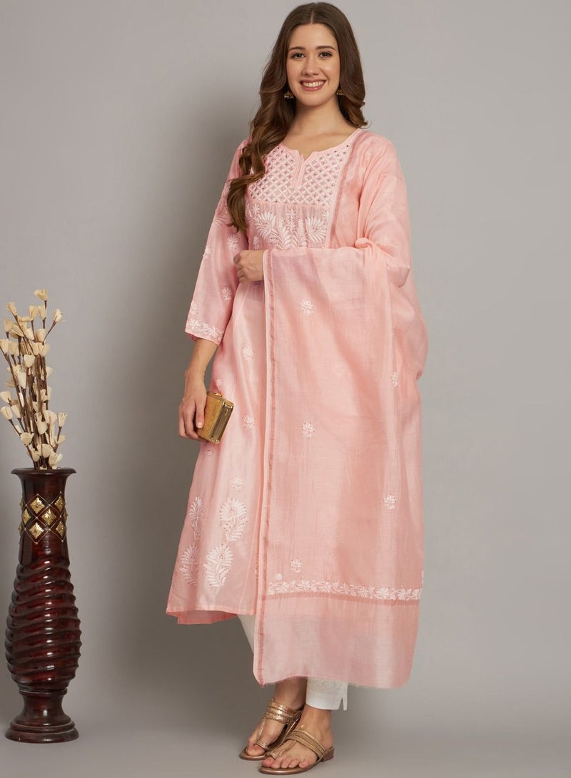 Hand embroidered Chikankari Chanderi Cotton Kurta Set and Dupatta with Mukaish-AL3665KS