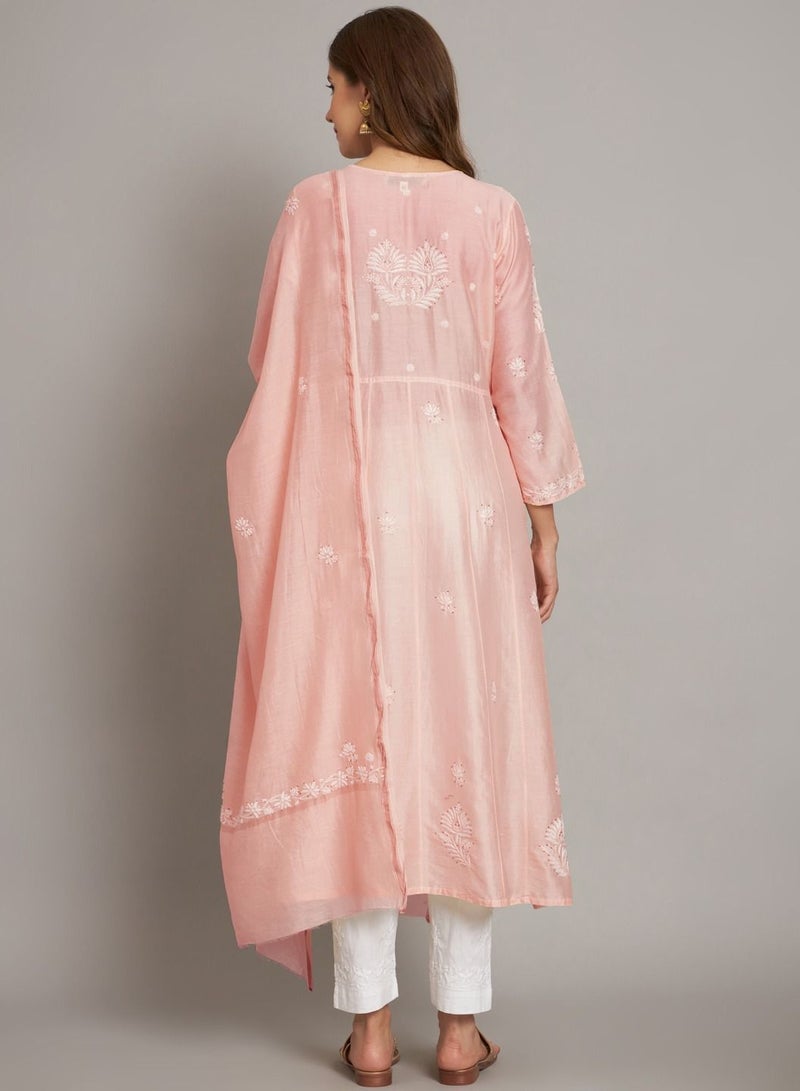 Hand embroidered Chikankari Chanderi Cotton Kurta Set and Dupatta with Mukaish-AL3665KS