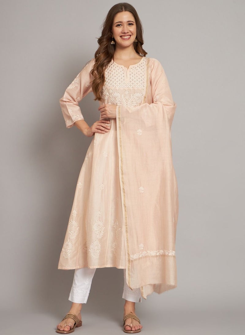 Hand embroidered Chikankari Chanderi Cotton Kurta Set and Dupatta with Mukaish-AL3665KS