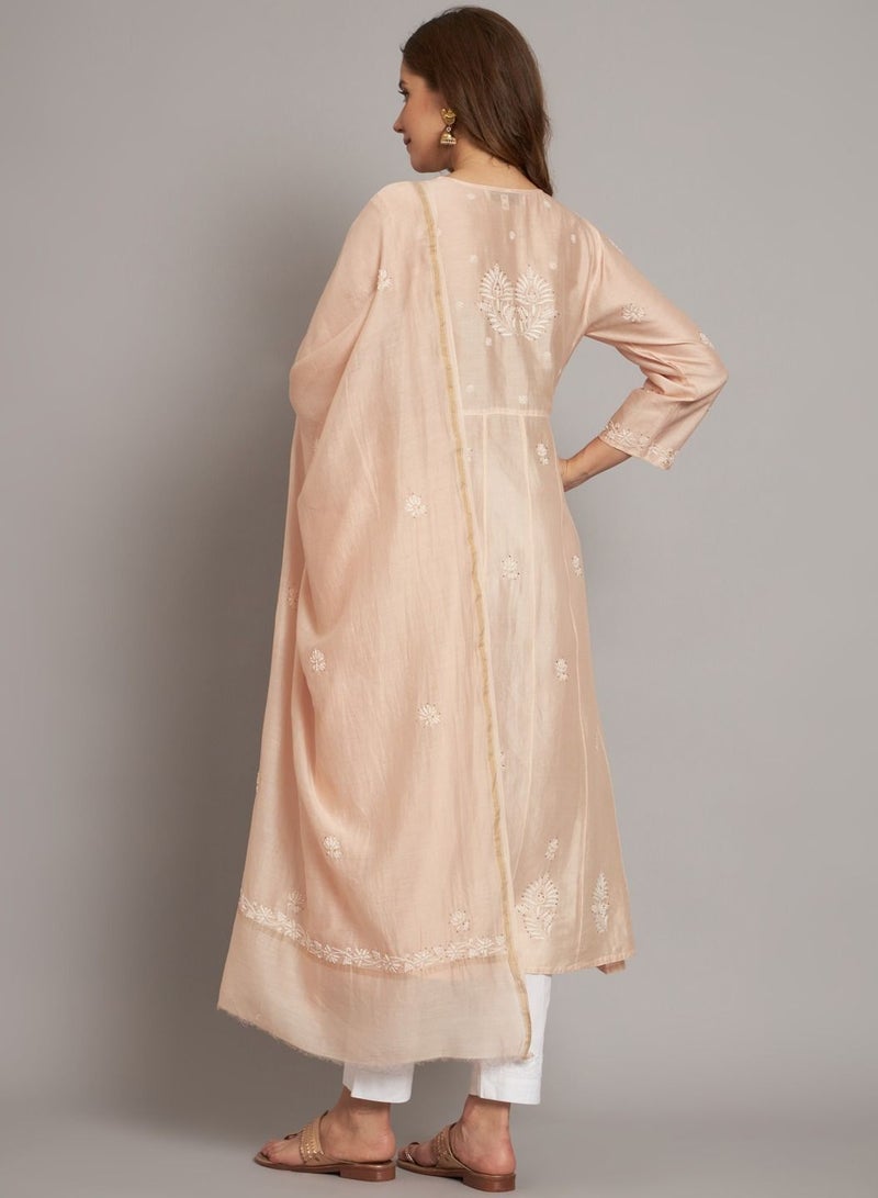 Hand embroidered Chikankari Chanderi Cotton Kurta Set and Dupatta with Mukaish-AL3665KS