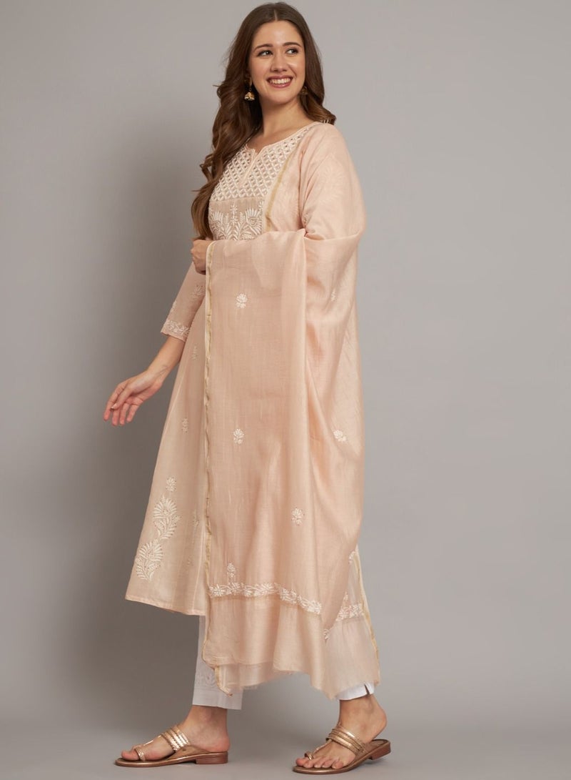 Hand embroidered Chikankari Chanderi Cotton Kurta Set and Dupatta with Mukaish-AL3665KS