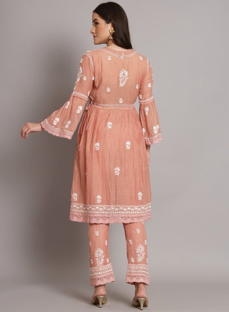 Hand Embroidered Chikankari Chanderi Cotton Frock Style Kurta Pant-AL3661KS