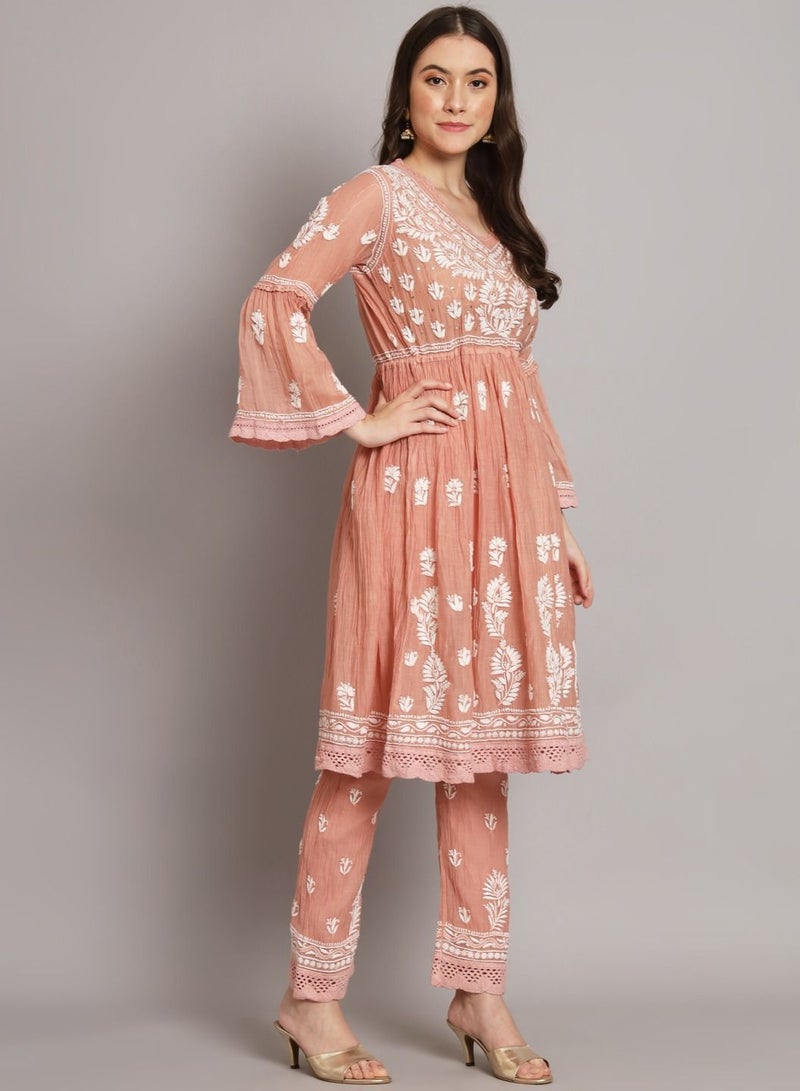 Hand Embroidered Chikankari Chanderi Cotton Frock Style Kurta Pant-AL3661KS