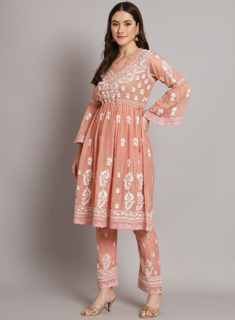 Hand Embroidered Chikankari Chanderi Cotton Frock Style Kurta Pant-AL3661KS