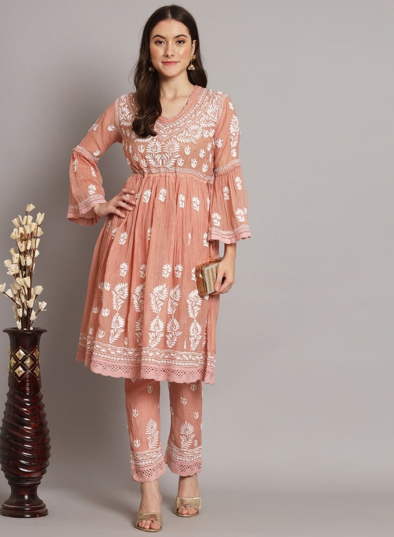 Hand Embroidered Chikankari Chanderi Cotton Frock Style Kurta Pant-AL3661KS