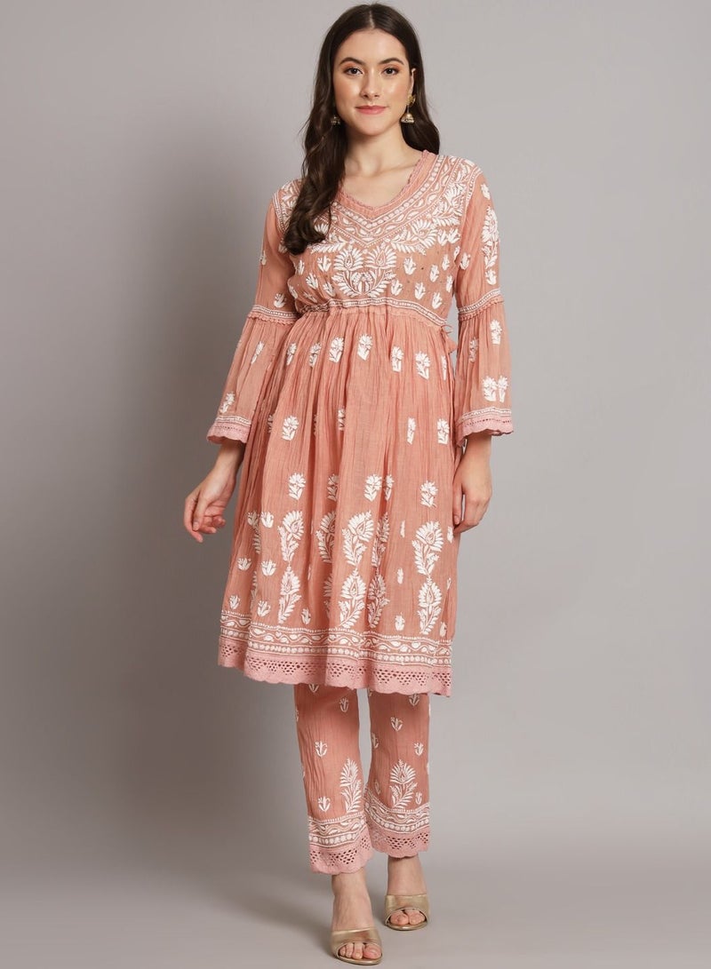 Hand Embroidered Chikankari Chanderi Cotton Frock Style Kurta Pant-AL3661KS