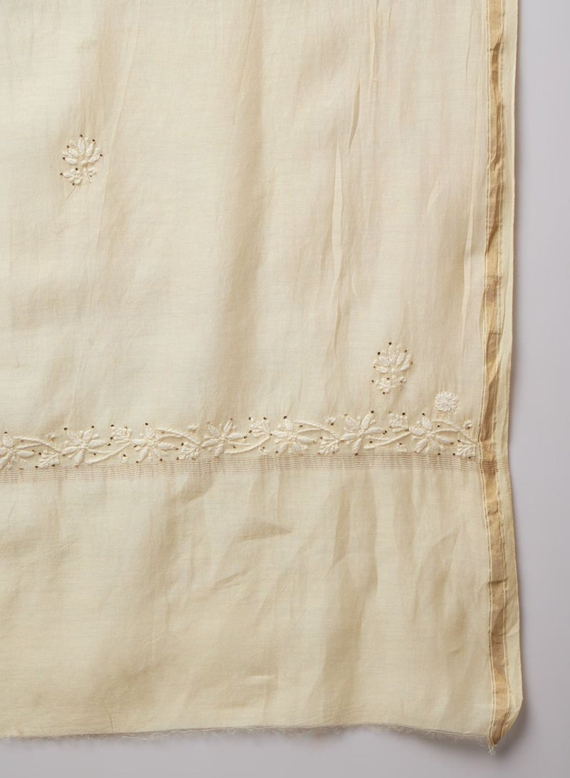 Hand Embroidered Chikankari Chanderi Cotton Kurta Set and Dupatta with Mukaish-AL3665KS