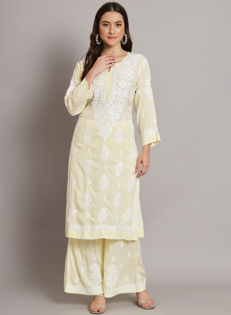 Hand embroidered chikan modal straight kurta palazzos AL3668