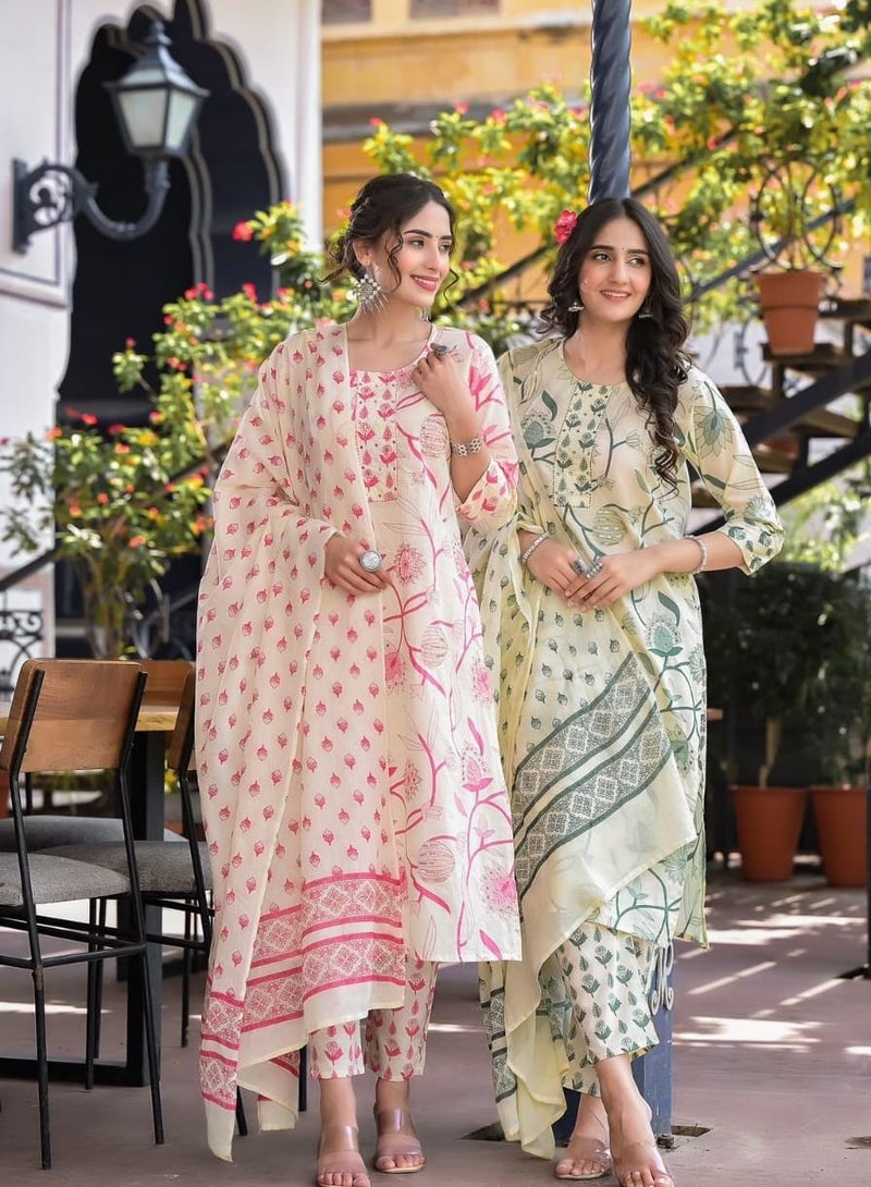 PRIYA'S PANACHE Floral Print Cotton Straight Kurta with Pant & Dupatta Set