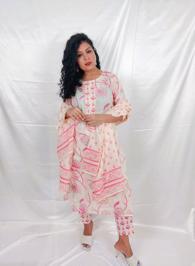 PRIYA'S PANACHE Floral Print Cotton Straight Kurta with Pant & Dupatta Set