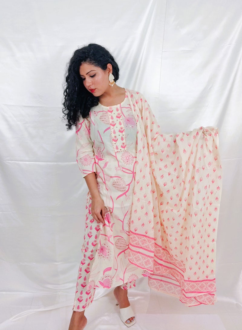PRIYA'S PANACHE Floral Print Cotton Straight Kurta with Pant & Dupatta Set