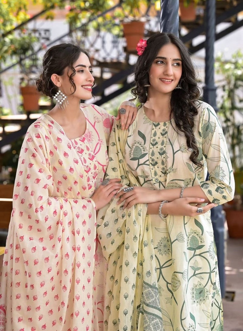 PRIYA'S PANACHE Floral Print Cotton Straight Kurta with Pant & Dupatta Set