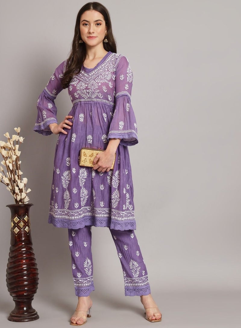 Hand Embroidered Chikankari Chanderi Cotton Frock Style Kurta Pant-AL3661KS