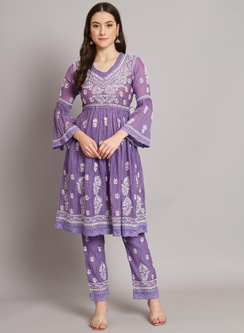 Hand Embroidered Chikankari Chanderi Cotton Frock Style Kurta Pant-AL3661KS