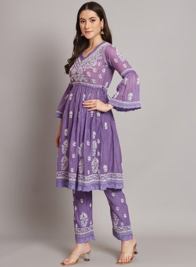 Hand Embroidered Chikankari Chanderi Cotton Frock Style Kurta Pant-AL3661KS