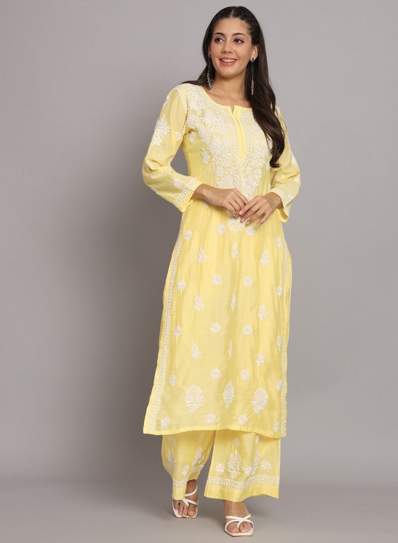 Hand Embroidered Chikan Chanderi Straight Kurta Palazzos-AL3671KS