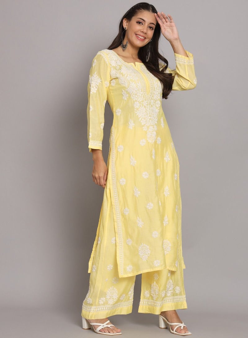 Hand Embroidered Chikan Chanderi Straight Kurta Palazzos-AL3671KS