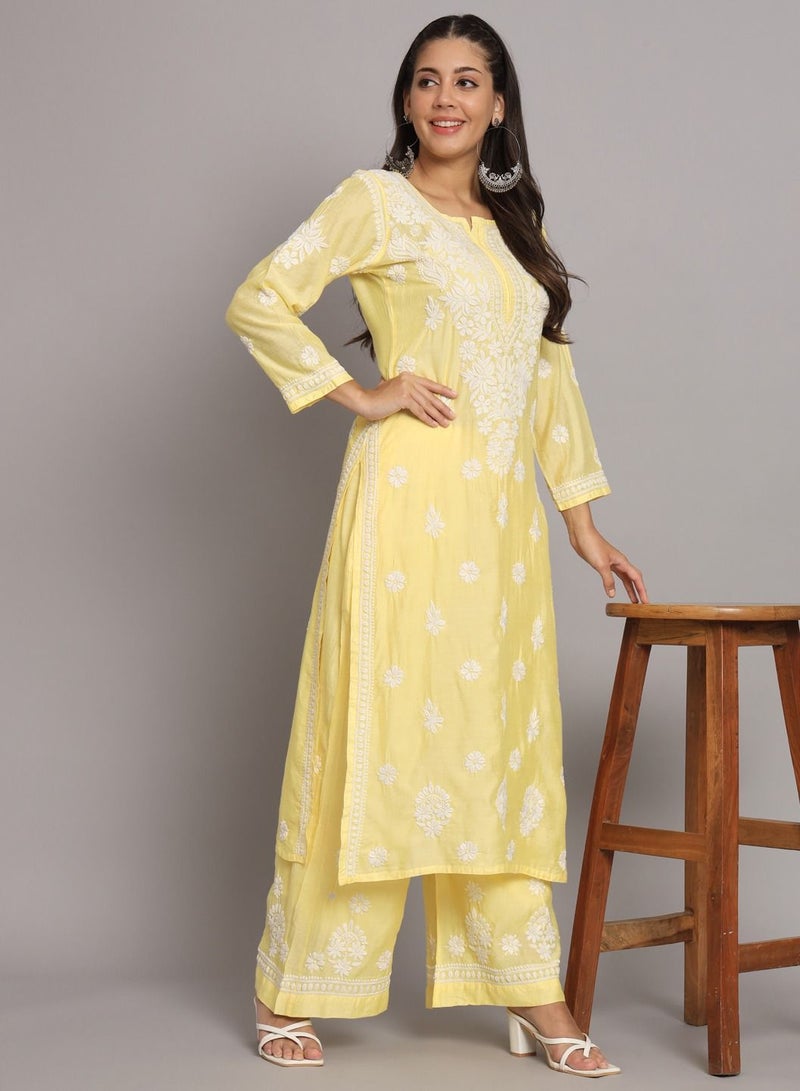 Hand Embroidered Chikan Chanderi Straight Kurta Palazzos-AL3671KS