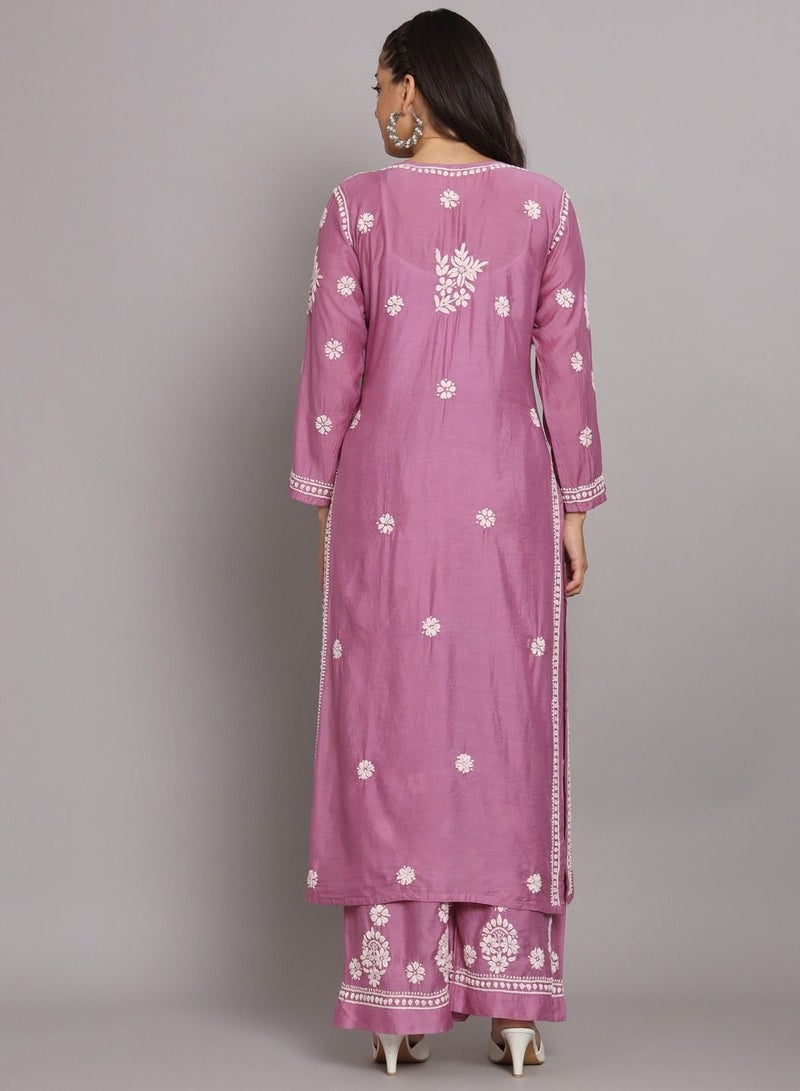 Hand Embroidered Chikan Chanderi Straight Kurta Palazzos-AL3671KS