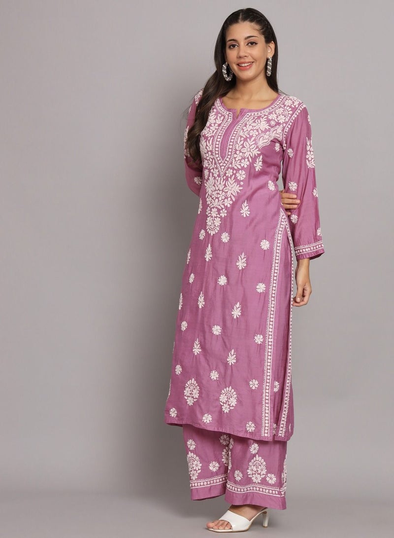 Hand Embroidered Chikan Chanderi Straight Kurta Palazzos-AL3671KS