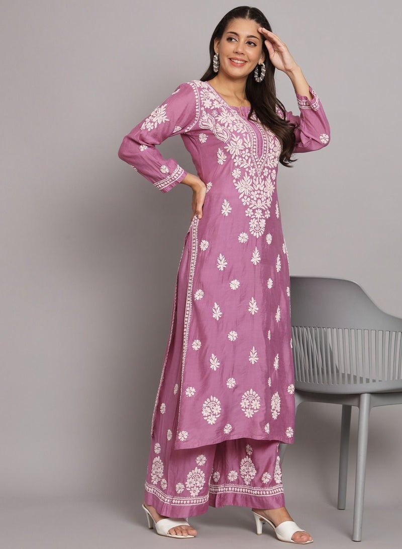 Hand Embroidered Chikan Chanderi Straight Kurta Palazzos-AL3671KS