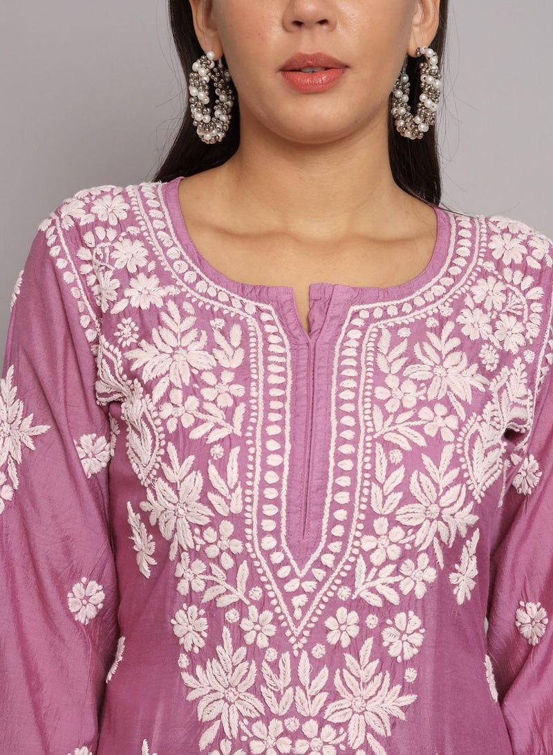 Hand Embroidered Chikan Chanderi Straight Kurta Palazzos-AL3671KS