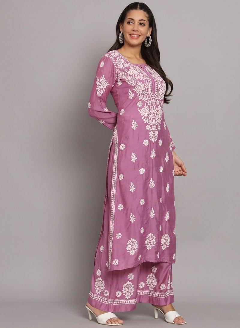 Hand Embroidered Chikan Chanderi Straight Kurta Palazzos-AL3671KS