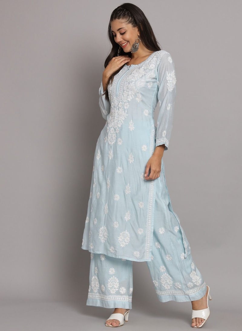 Hand Embroidered Chikan Chanderi Straight Kurta Palazzos-AL3671KS