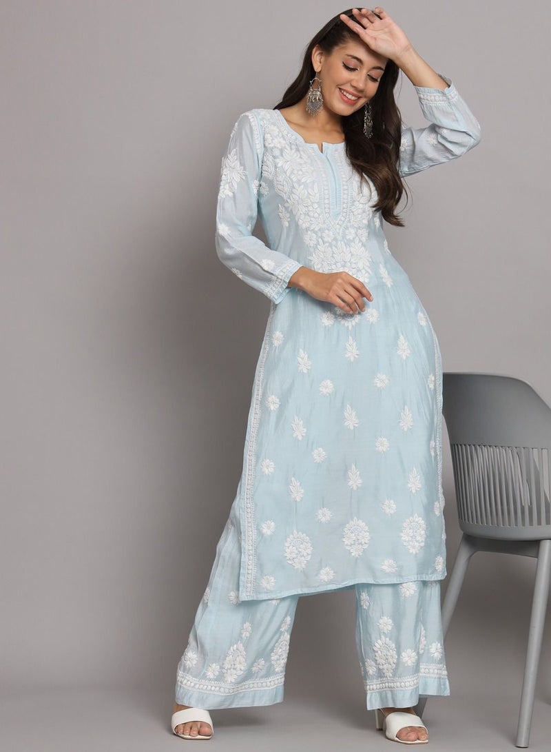 Hand Embroidered Chikan Chanderi Straight Kurta Palazzos-AL3671KS