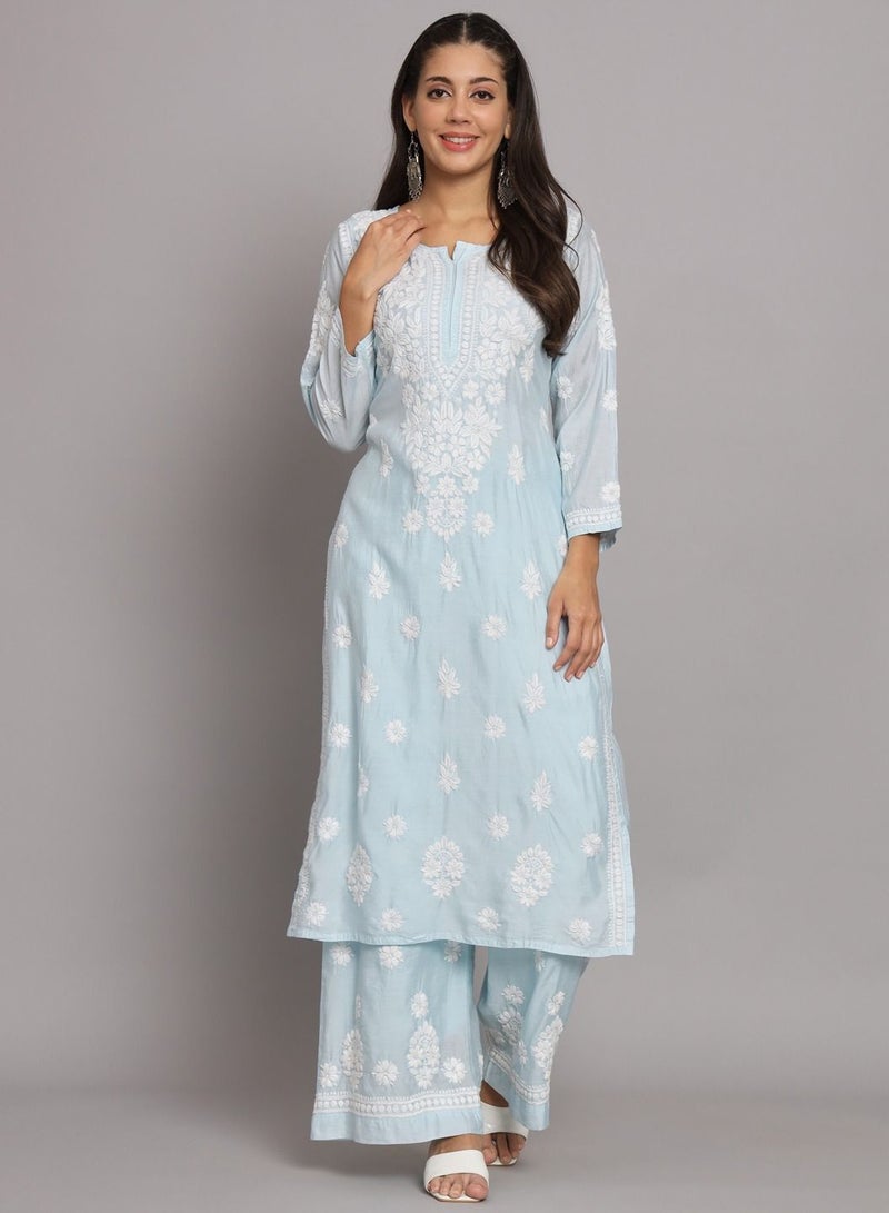 Hand Embroidered Chikan Chanderi Straight Kurta Palazzos-AL3671KS