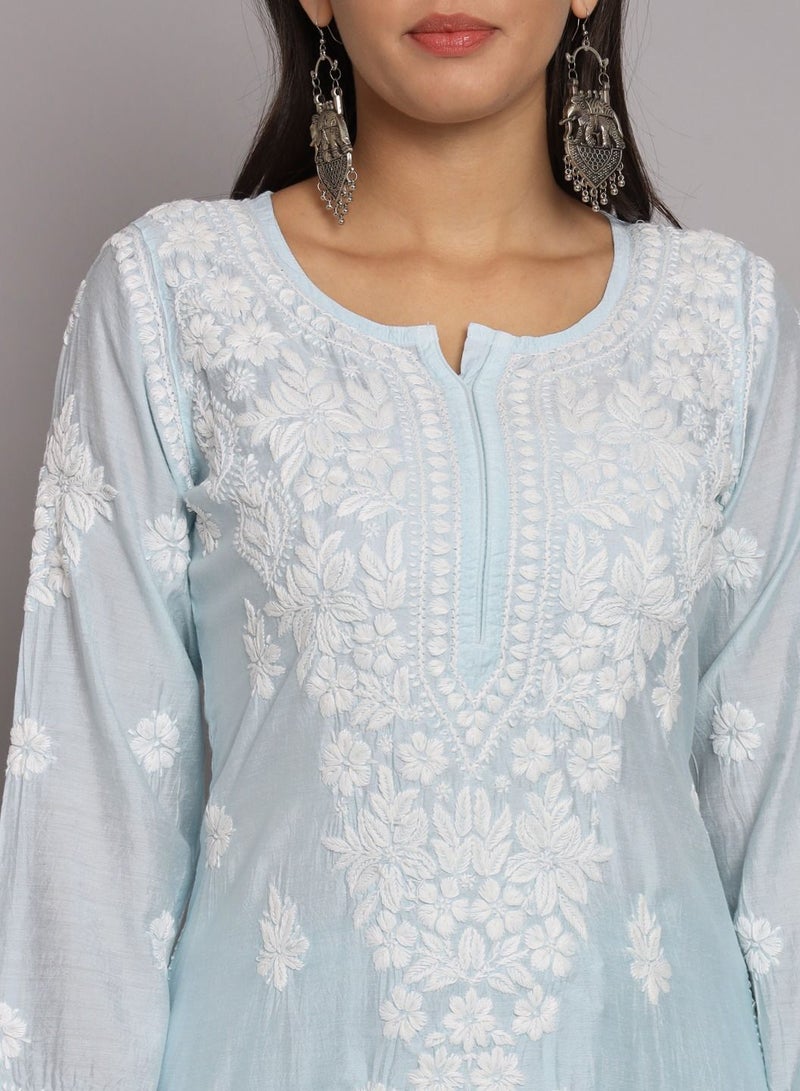 Hand Embroidered Chikan Chanderi Straight Kurta Palazzos-AL3671KS