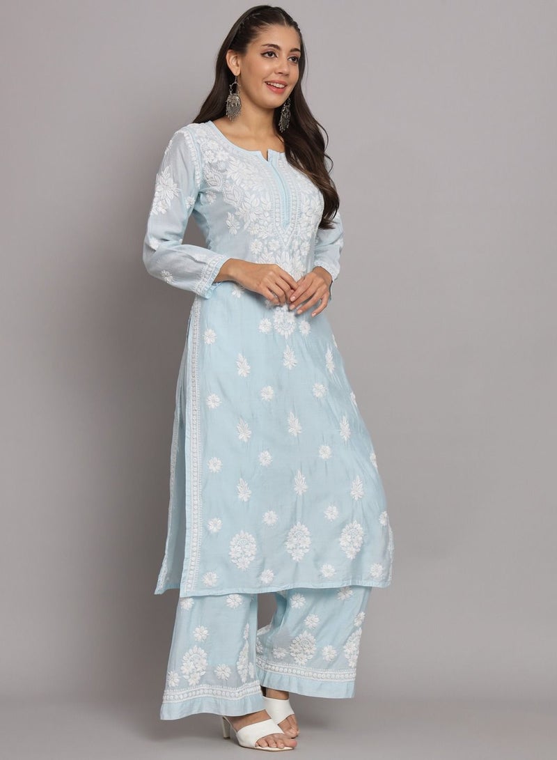 Hand Embroidered Chikan Chanderi Straight Kurta Palazzos-AL3671KS