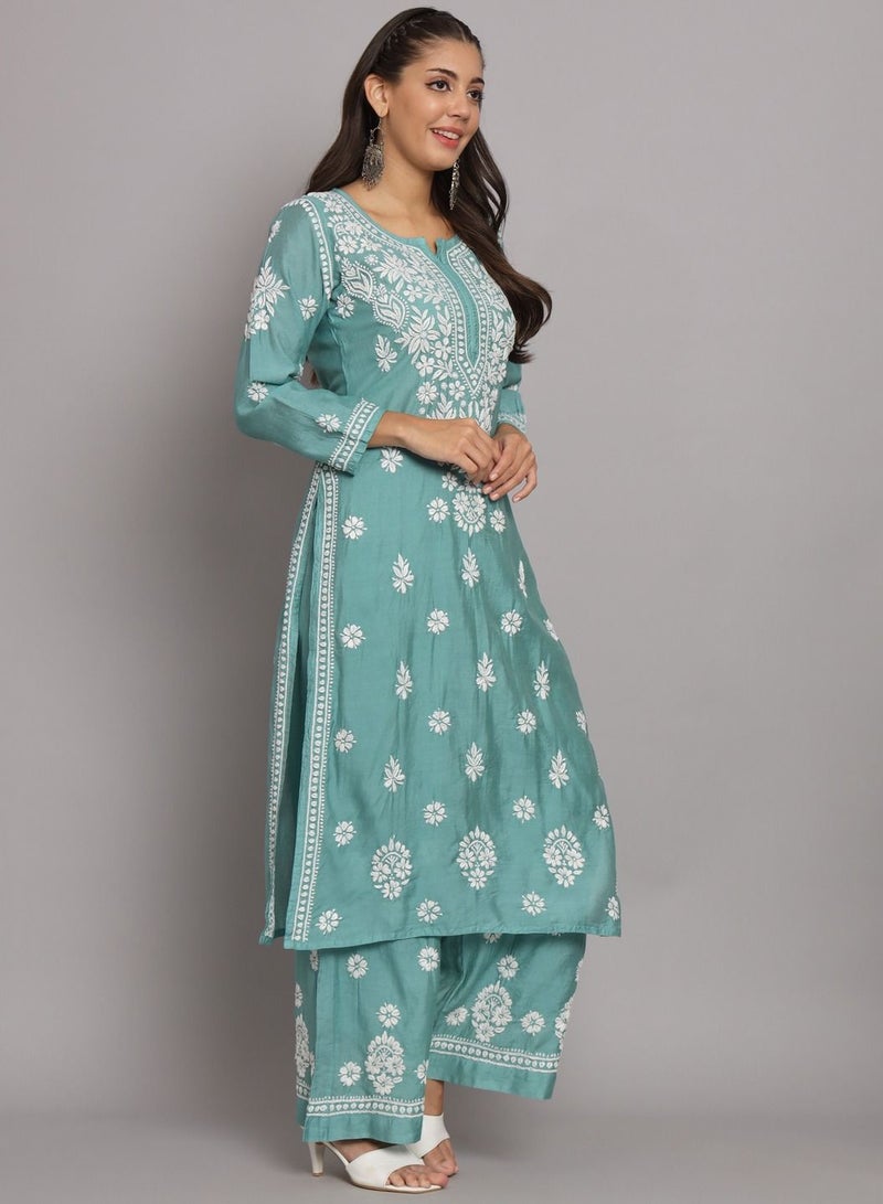 Hand Embroidered Chikan Chanderi Straight Kurta Palazzos-AL3671KS