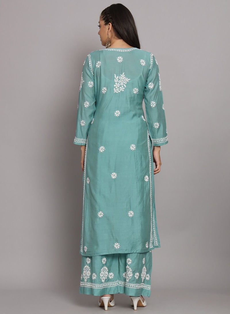 Hand Embroidered Chikan Chanderi Straight Kurta Palazzos-AL3671KS