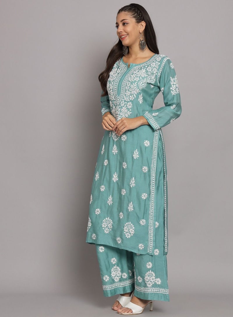 Hand Embroidered Chikan Chanderi Straight Kurta Palazzos-AL3671KS