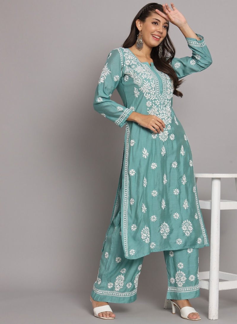 Hand Embroidered Chikan Chanderi Straight Kurta Palazzos-AL3671KS