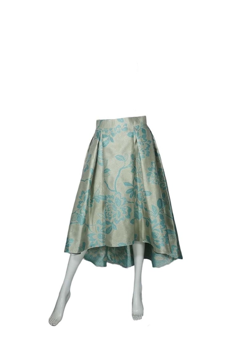 Champagne With Turquoise Jacquard Box Pleated Skirts By Sanaa Kayum