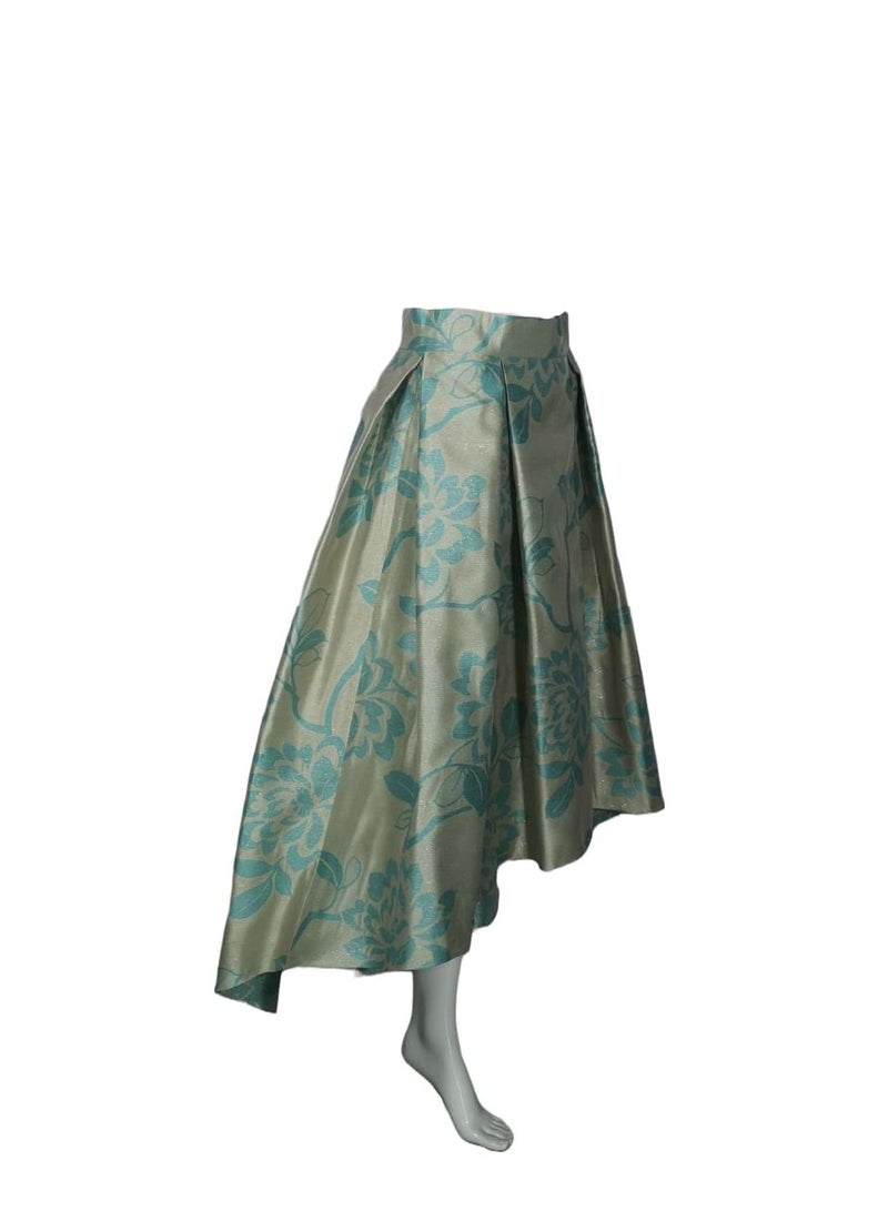 Champagne With Turquoise Jacquard Box Pleated Skirts By Sanaa Kayum