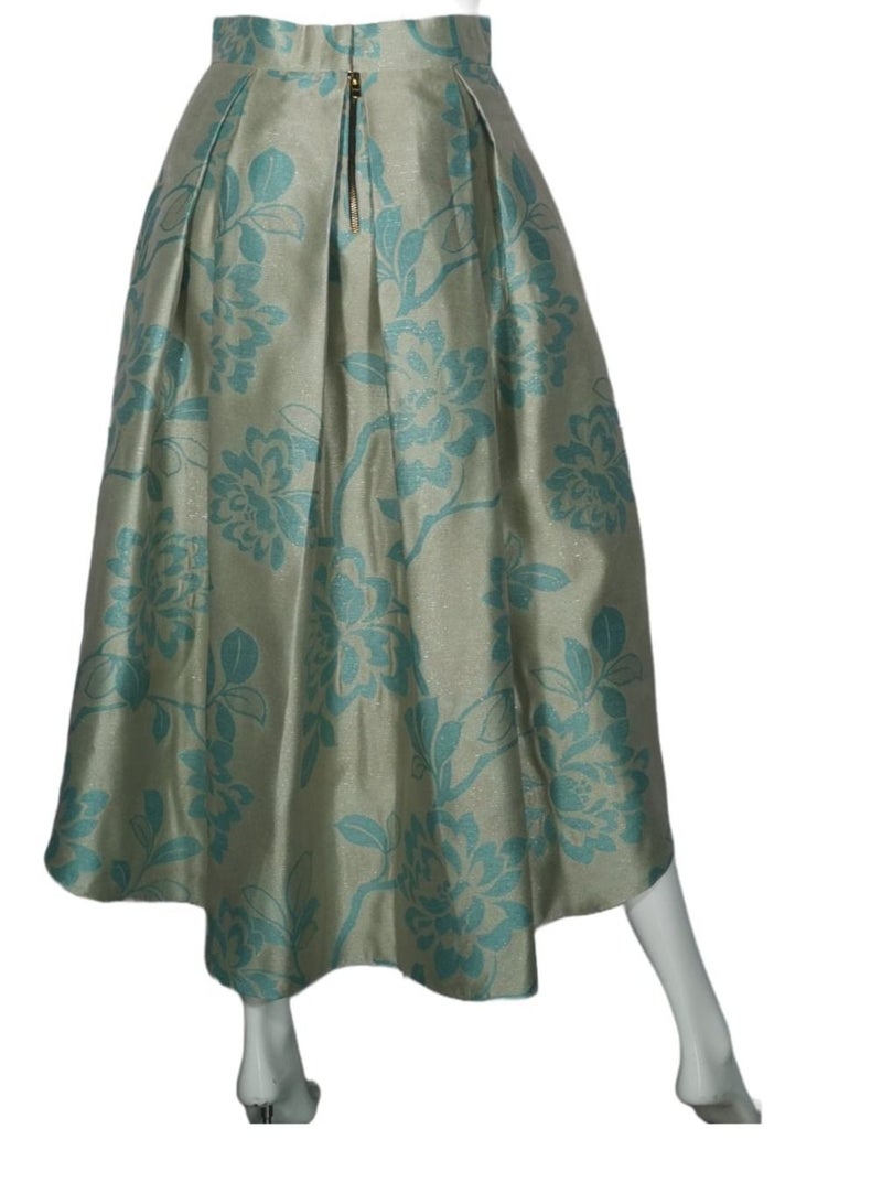 Champagne With Turquoise Jacquard Box Pleated Skirts By Sanaa Kayum