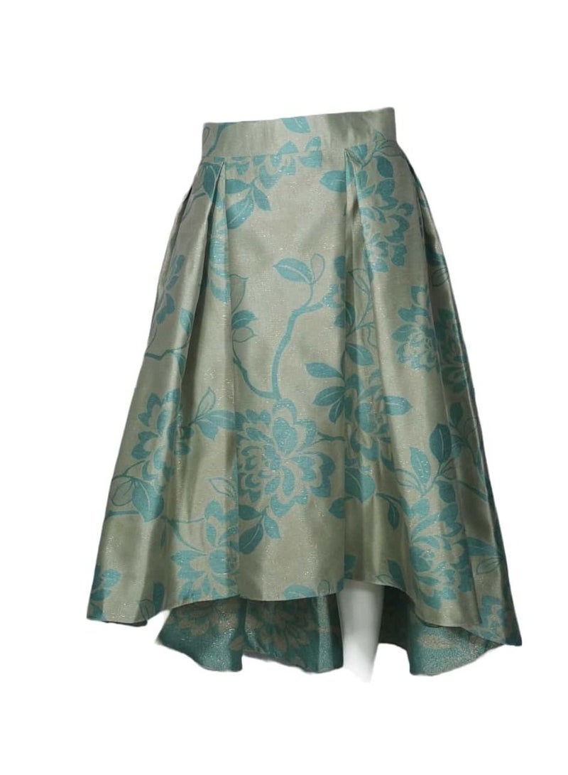 Champagne With Turquoise Jacquard Box Pleated Skirts By Sanaa Kayum