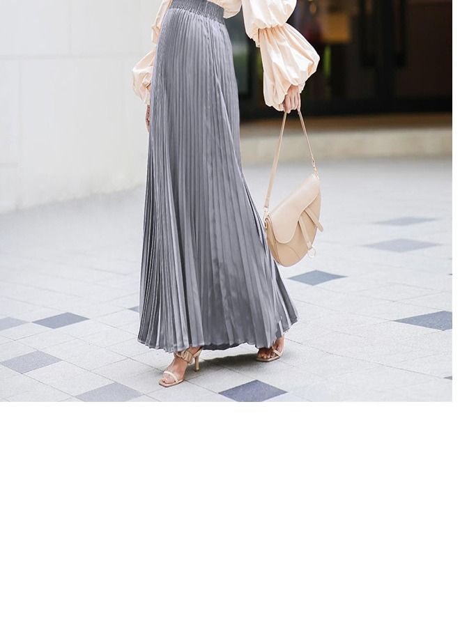 Solid Color Pleated Full-Length Skirt Grey