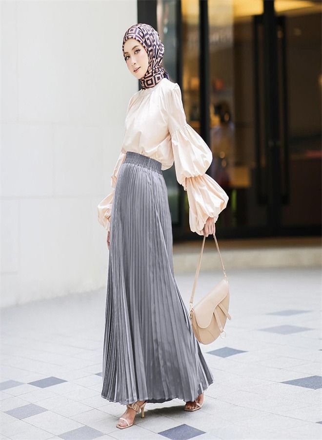 Solid Color Pleated Full-Length Skirt Grey