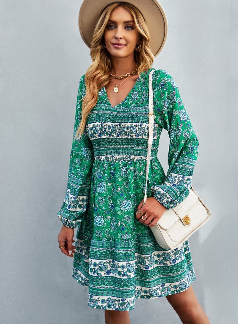 Squality Bohemian Fashion Dress Long Sleeve V-neck Skirt Green