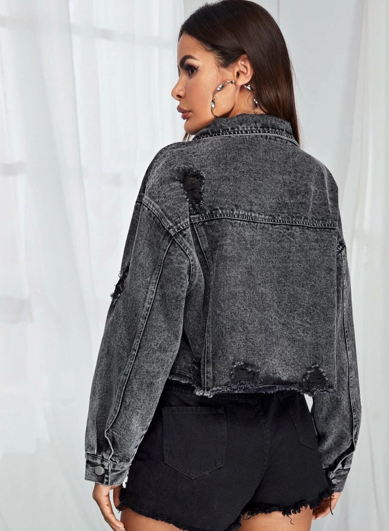 Women's Fashion Fur Edge Perforated Denim Jacket
