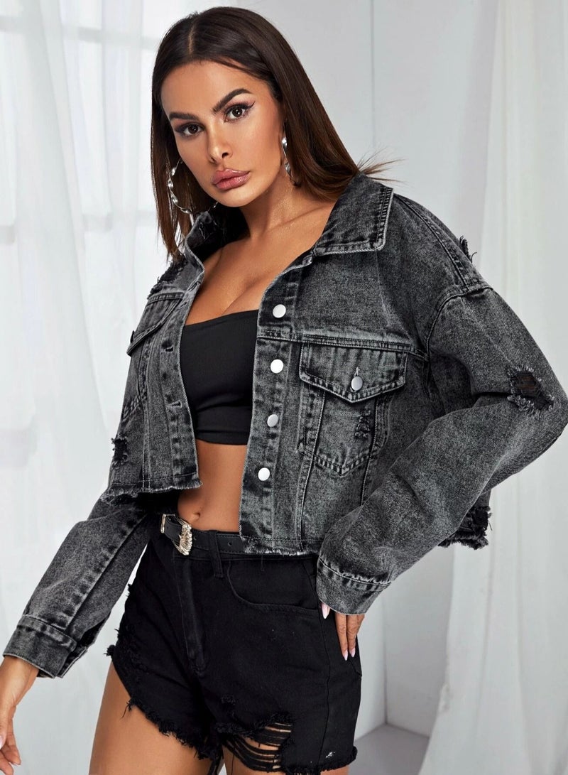 Women's Fashion Fur Edge Perforated Denim Jacket