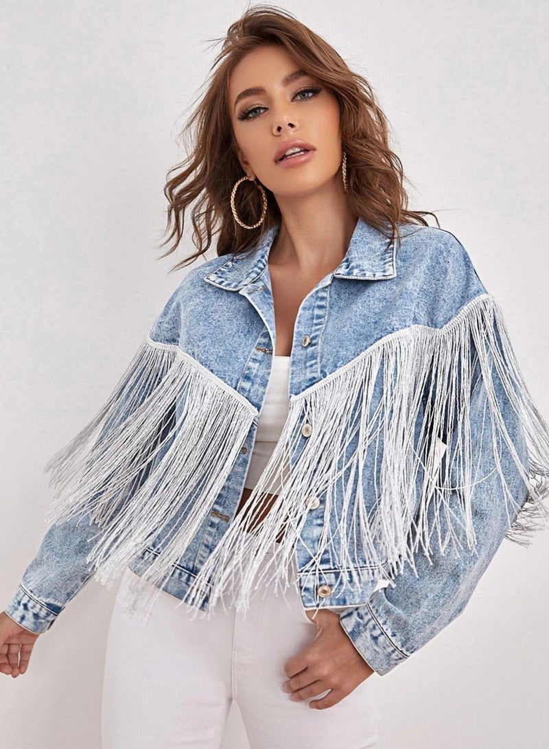 Fashionable Tassel Splicing Denim Short Jacket